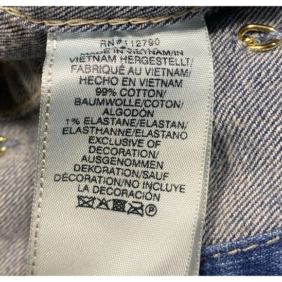 True Religion Blue Denim Distressed Chain Statement Jacket Sz S Biker - Picture 8 of 9